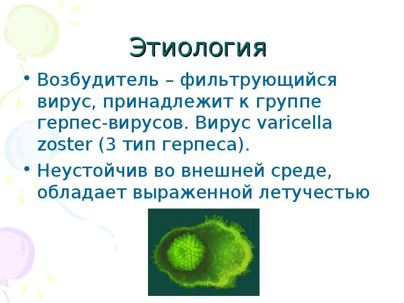   Этиология 
Возбудитель – фильтрующийся вирус, принадлежит к группе герпес-вирусов. Вирус varicella zoster (3 тип герпеса).
Неустойчив во внешней среде, обладает выраженной летучестью
