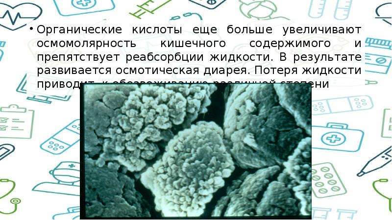   Органические кислоты еще больше увеличивают осмомолярность кишечного содержимого и препятствует реабсорбции жидкости. В результате развивается осмотическая диарея. Потеря жидкости приводит  к обезвоживанию различной степени
Органические кислоты еще больше увеличивают осмомолярность кишечного содержимого и препятствует реабсорбции жидкости. В результате развивается осмотическая диарея. Потеря жидкости приводит  к обезвоживанию различной степени
