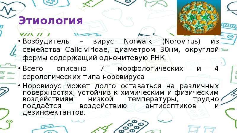   Этиология 
Возбудитель – вирус Norwalk (Norovirus) из семейства Caliciviridae, диаметром 30нм, округлой формы содержащий однонитевую РНК.
Всего описано 7 морфологических и 4 серологических типа норовируса
Норовирус может долго оставаться на различных поверхностях, устойчив к химическим и физическим воздействиям низкой температуры, трудно поддаётся воздействию антисептиков и дезинфектантов.
