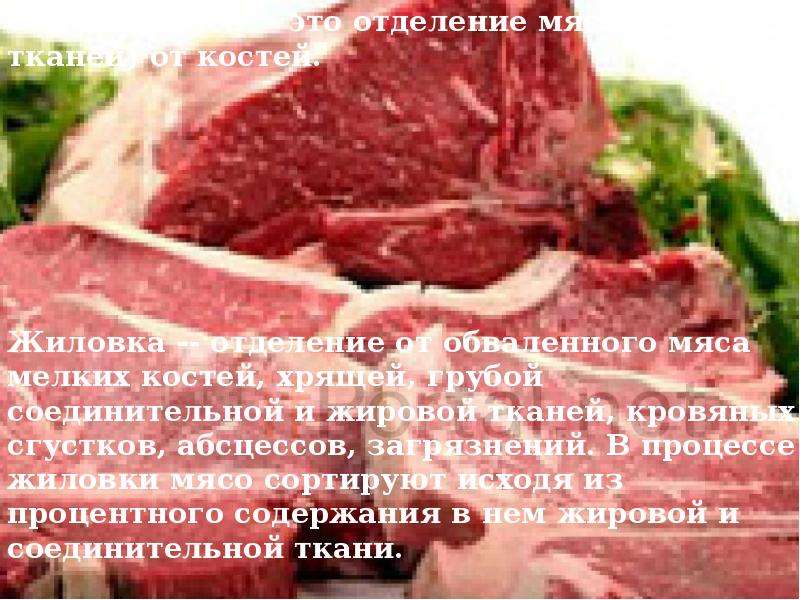 


Обвалка мяса -- это отделение мяса (мягких тканей) от костей.
Обвалка мяса -- это отделение мяса (мягких тканей) от костей.






Жиловка -- отделение от обваленного мяса мелких костей, хрящей, грубой соединительной и жировой тканей, кровяных сгустков, абсцессов, загрязнений. В процессе жиловки мясо сортируют исходя из процентного содержания в нем жировой и соединительной ткани.


