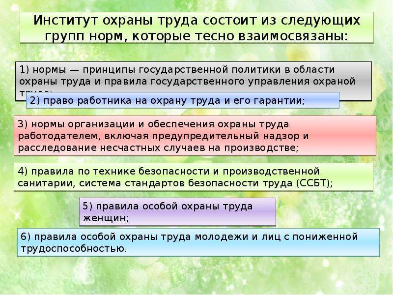 Институт охраны труда. Институт охраны труда состоит из следующих групп норм. Содержание института охраны труда. Значение института охраны труда.