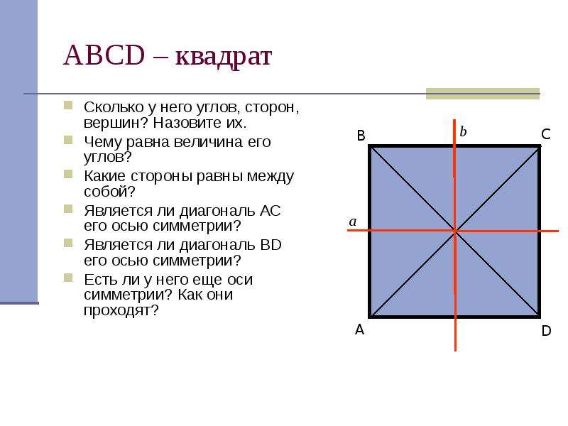 


АВСD – квадрат 
Сколько у него углов, сторон, вершин? Назовите их.
Чему равна величина его углов?
Какие стороны равны между собой?
Является ли диагональ АС его осью симметрии?
Является ли диагональ BD его осью симметрии?
Есть ли у него еще оси симметрии? Как они проходят?

