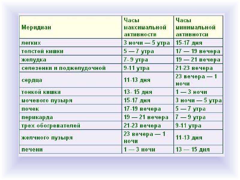 Меридианы человека по часам активности схема