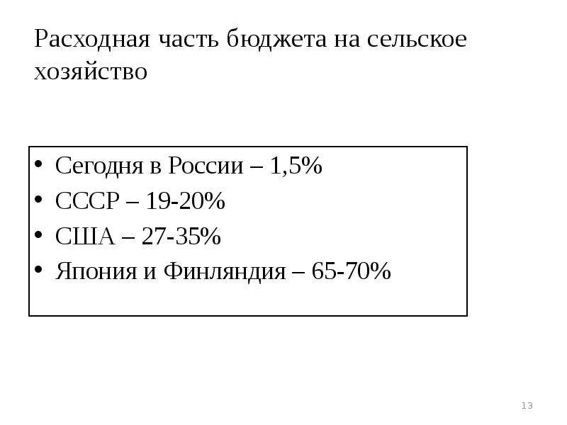 Расходная часть бюджета на сельское хозяйство Сегодня в России – 1,5% СССР – 19-20% США – 27-35% Япо