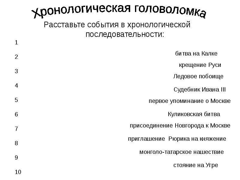 Расставьте события. Расставьте события в хронологической последовательности. Хронологическая головоломка расставь события. Расставьте события в хронологическом порядке битва на Калке. Расставьте в хронологическом порядке.