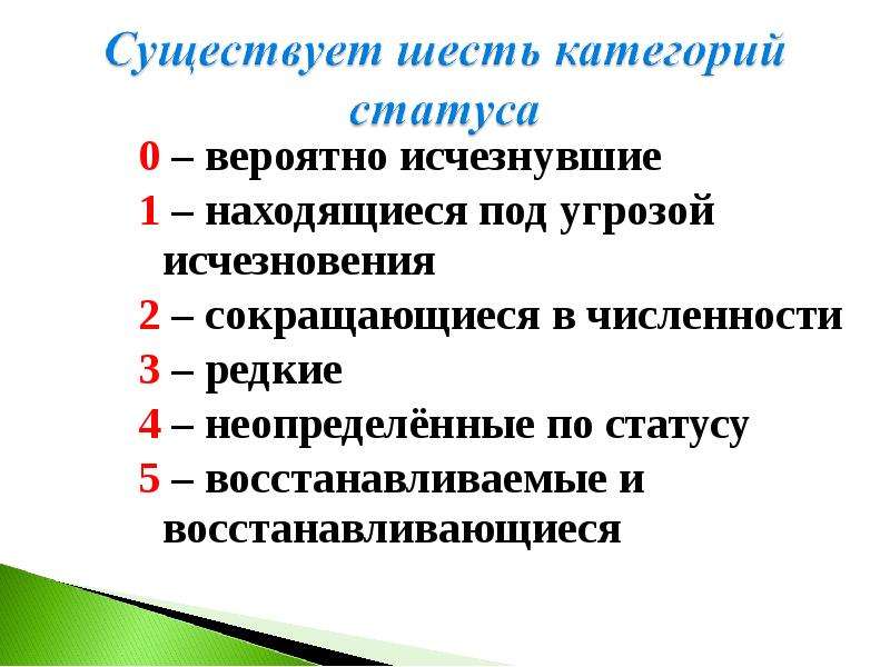 Шесть существующий. Категории статуса угрозы исчезновения. Красная книга вероятно исчезнувшие. 6 Категорий охраны в красной книге. Видам, находящимся под угрозой исчезновения, соответствует категория.