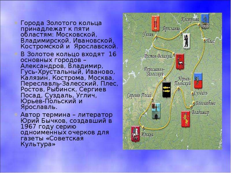 Города Золотого кольца принадлежат к пяти областям: Московской, Владимирской, Ивановской, Костромско