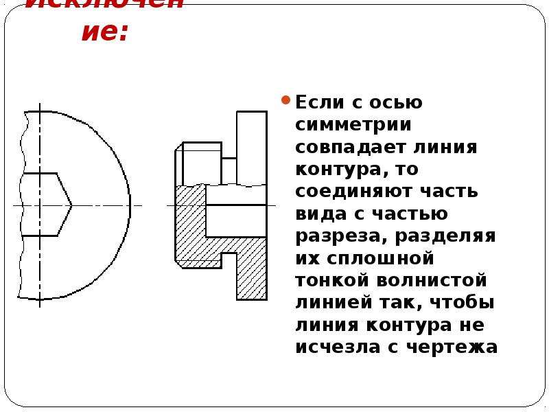 Разделить чертеж на части. Волнистая линия на разрезе. Волнистая линия на чертеже разрез. Часть вида линия разреза. Линия разделяющая вид и разрез на чертеже.