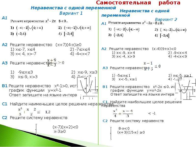 Вариант 4 решить неравенство. Решение неравенств с переменной. Неравенства с одной переменной 2х^2-4х-6>0. Неравенства с одной переменной 9 класс. Решение неравенств с одной переменной 9 класс.