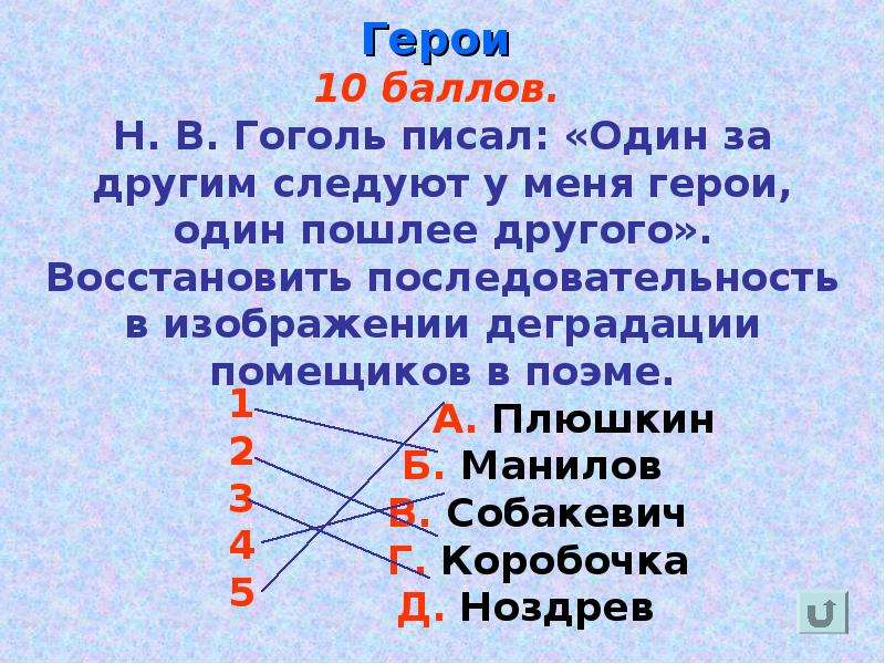 Восстановите последовательность в изображении деградации помещиков в поэме мертвые души