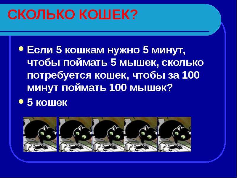 Пять кошек ловят за пять минут. 5 Кошек ловят 5 мышек за 5 минут. Сколько кошка ловит мышей. Задачка про 5 кошек 5 мышей. Сколько понадобится котов чтобы за 100 минут съесть 100 мышей.