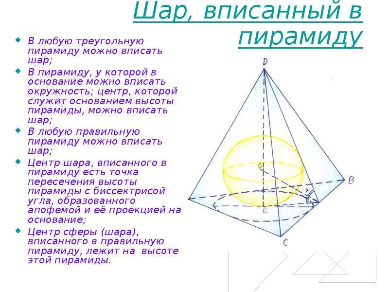 Круг в основании пирамиды. Центр сферы вписанной в правильную пирамиду. Центр шара вписанного в пирамиду. Шар вписанный в пирамиду. Задачи на шар вписанный в пирамиду.