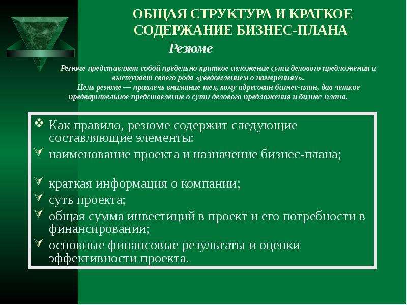 Общая структура и краткое содержание бизнес плана