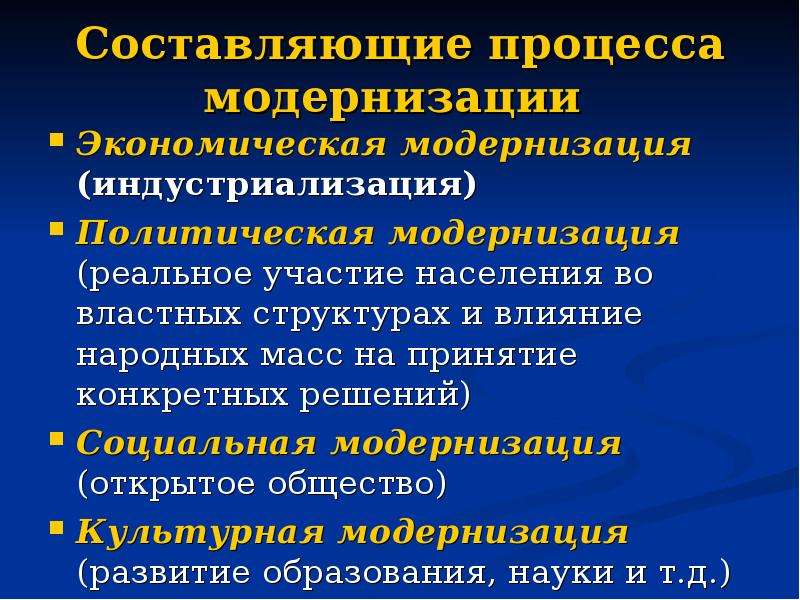 5 модернизация. Составляющие модернизации. Составляющие процесса. Назовите составляющие модернизации. Модернизация экономическая политическая социальная и культурная.