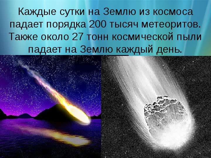 


Каждые сутки на Землю из космоса падает порядка 200 тысяч метеоритов. Также около 27 тонн космической пыли падает на Землю каждый день.
