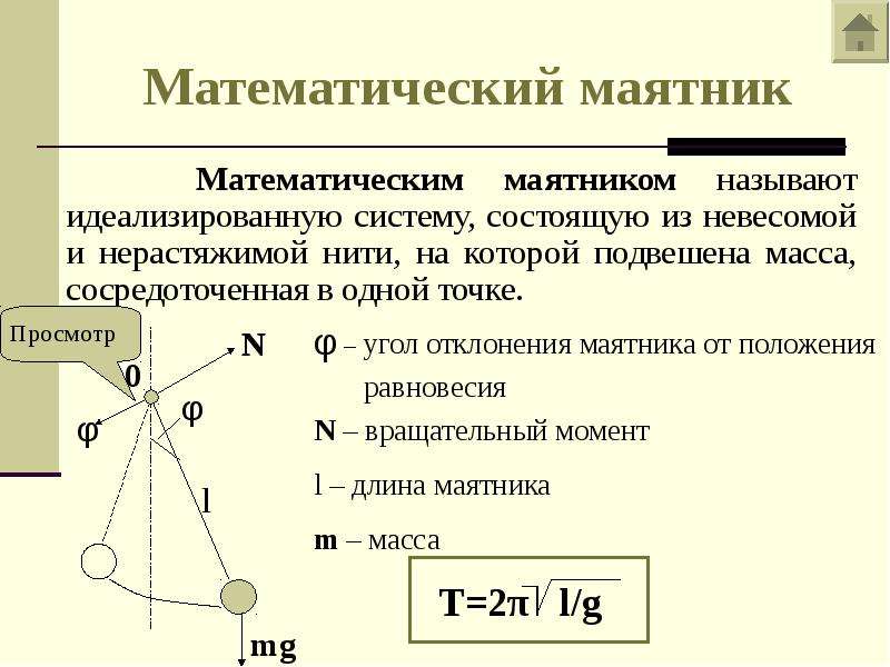 Маятник представляет. Формула маятника математического маятника. Нитяной маятник это математический маятник. Угол отклонения математического маятника. Формула математического маятника физика 9 класс.