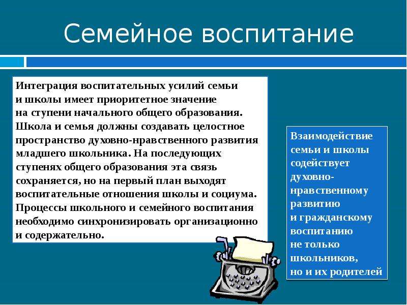 Воспитание 20. Интеграция в воспитании. Интеграция воспитательных усилий семьи и школы. Координация воспитательных усилий семьи и общества. Приоритетное значение на основной ступени общего образования.