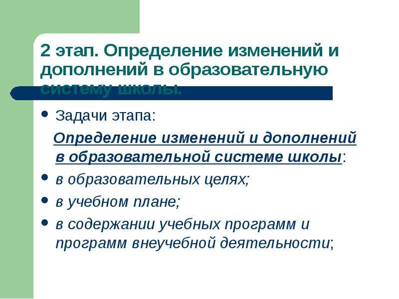 Задачи этапа определение. Изменение это определение. Дополнение образование.