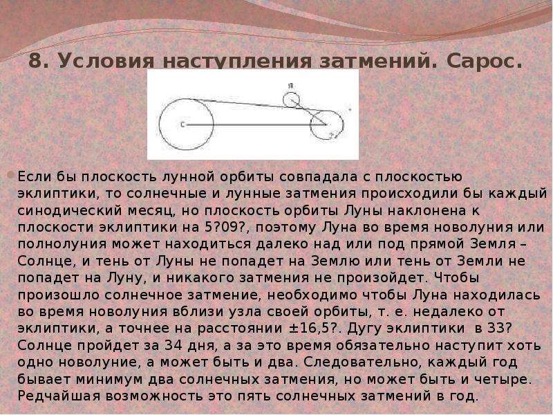 Условия наступления. Сарос и его причины. Сарос и его причины солнечного затмения. Условия наступления затмений. Сарос и его причины лунного затмения.