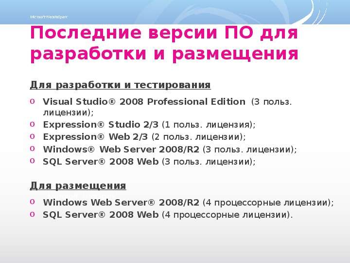 Последние версии ПО для разработки и размещения Для разработки и тестирования Visual Studio® 2008 Pr