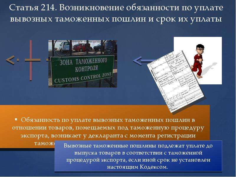 Ст 214. Возникновение обязанности по уплате вывозных таможенных пошлин. Прекращение налоговой обязанности. Прекращение обязанности по уплате вывозных таможенных пошлин. Таможенная процедура экспорта обязанность по уплате.