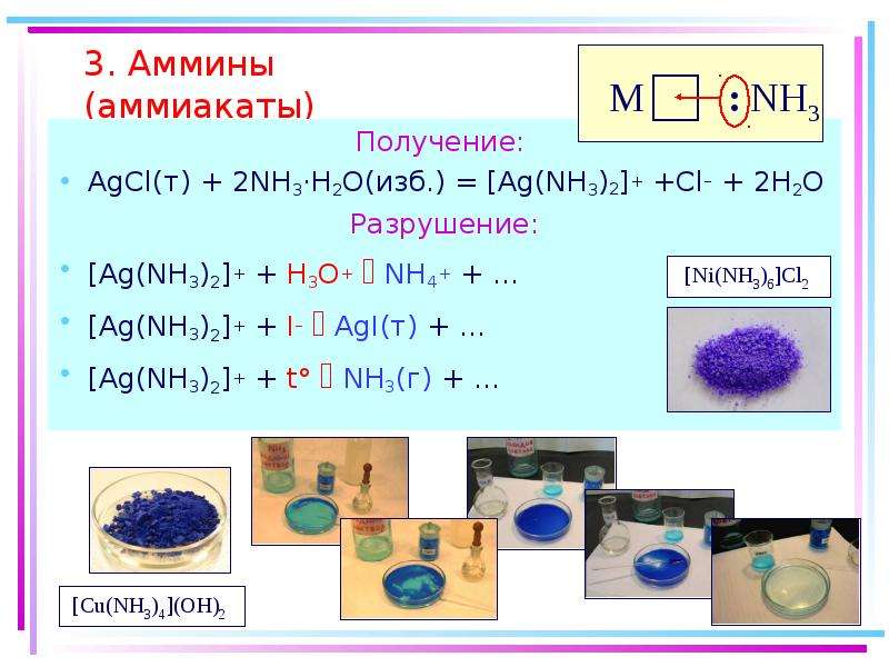 3. Аммины (аммиакаты)Получение: AgCl(т) + 2NH3·H2O(изб.) = 
