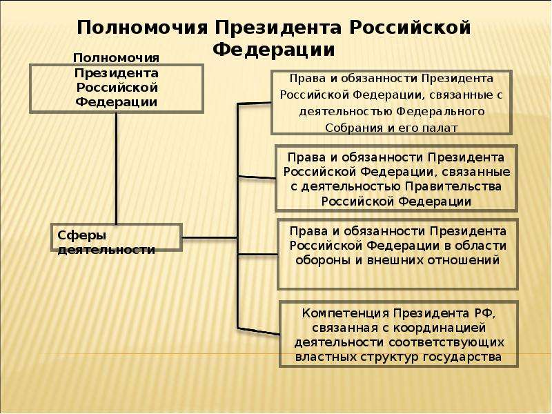 Полномочия президента правительства и федерального собрания. Схема основные полномочия президента Российской Федерации.