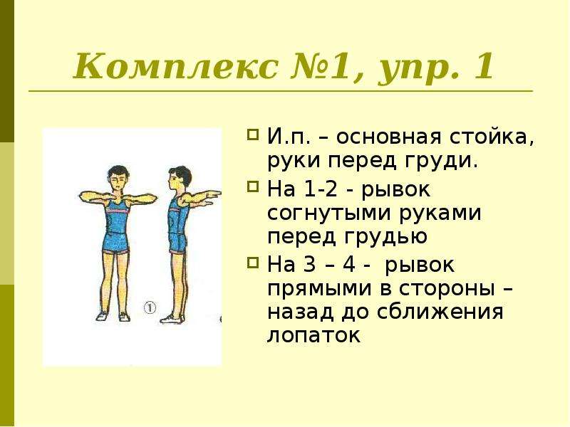 Упражнение 1 2. Рывки руками перед грудью. И П основная стойка. Упражнение рывки руками перед грудью. Руки перед грудью рывки руками.