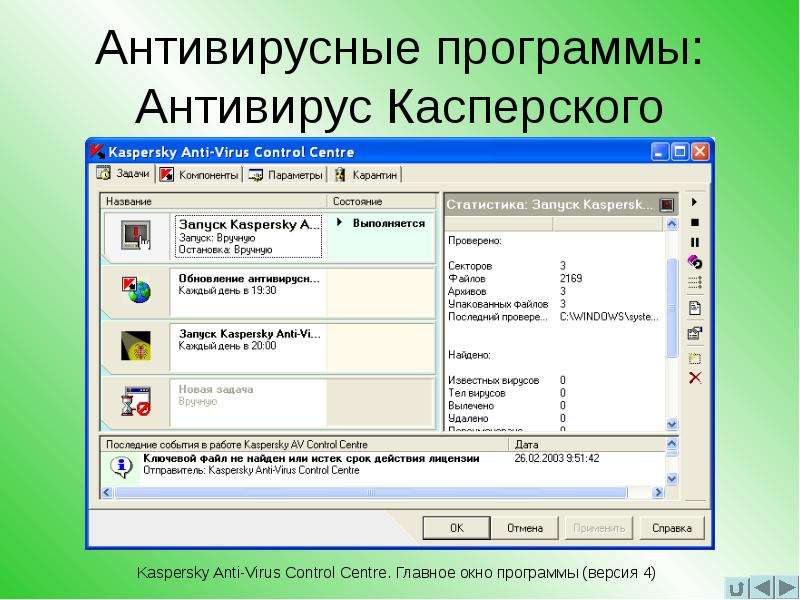 Компьютерные программы вирусы ответы. Касперский главное окно. Антивирусное программное обеспечение. Антивирус окно программы. Компоненты антивирусной программы.