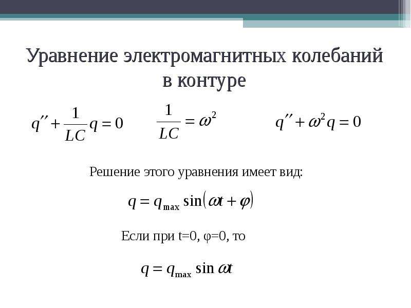 Уравнение колебаний в контуре. Уравнение свободных электромагнитных колебаний формула. Уравнение описывающее электромагнитные колебания. Уравнение электромагнитных колебаний в контуре. Уравнение для свободных электромагнитных гармонических колебаний..