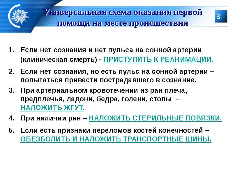 Универсальная схема оказания первой помощи на месте