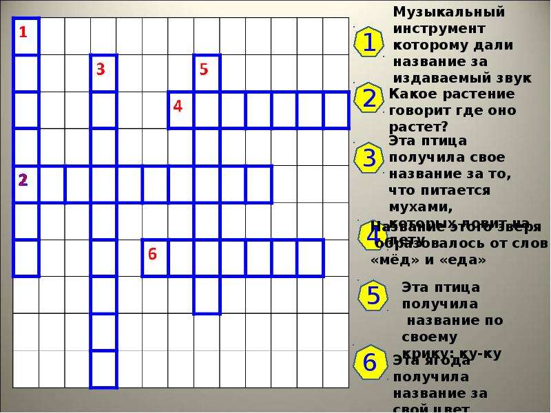 Живое слово задания. Музыкальный инструмент которому дали название за издаваемый звук.