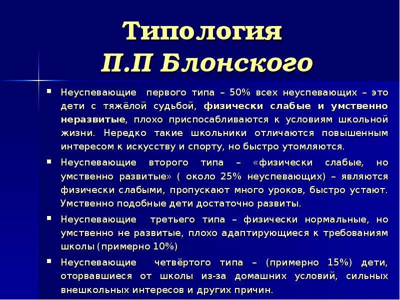 Доклад причины. Типы неуспевающих детей. Типология неуспевающих школьников таблица. Типология неуспевающих учащихся. Типы неуспевающих по Блонскому.