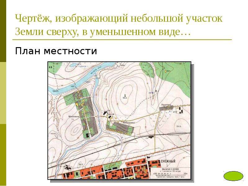 


Чертёж, изображающий небольшой участок Земли сверху, в уменьшенном виде…
План местности
