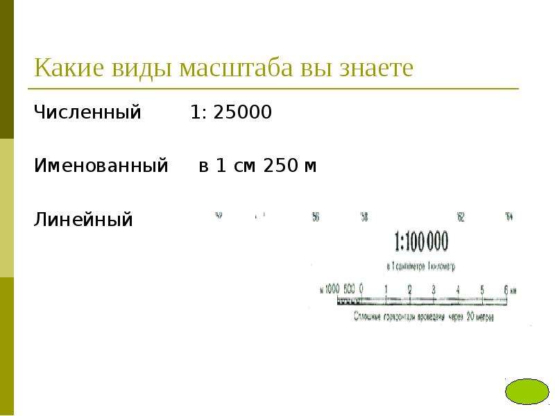 


Какие виды масштаба вы знаете 
Численный        1: 25000
Именованный     в 1 см 250 м
Линейный
