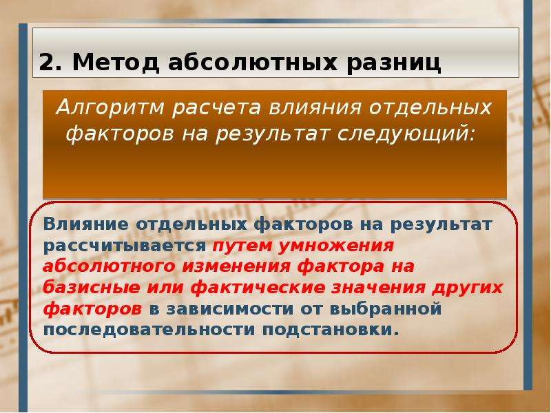 Способ абсолютных. Алгоритм расчёта влияния факторов. Способ абсолютных изменений. Метод абсолютных разниц пример вывод. Абсолютные методы анализа.