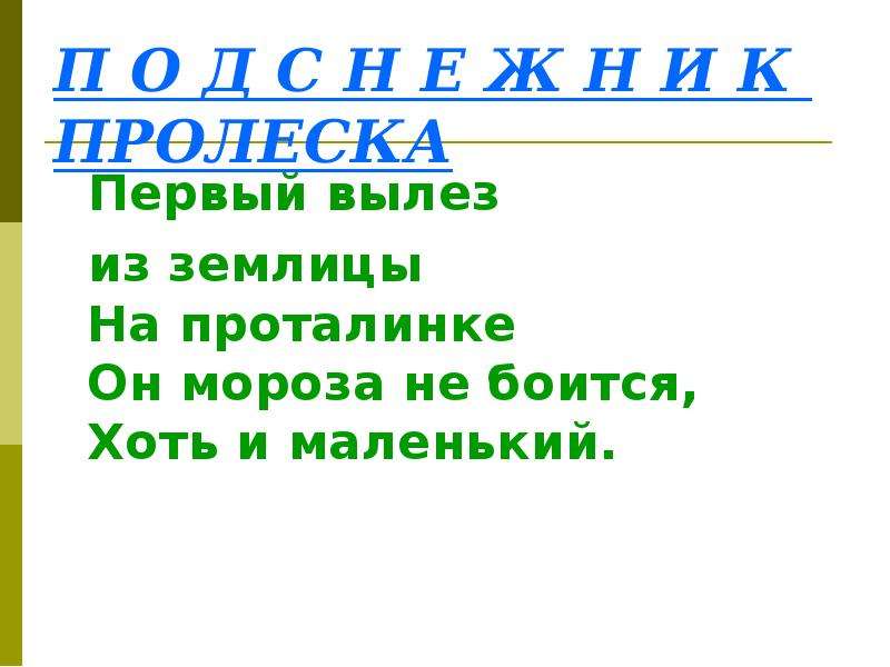 Первым вылез из землицы. Первым вылез из землицы на проталинке. Первым вылез из землицы на проталинке он Мороза не боится. 1 Вылез из землицы на проталине он Мороза не боится хоть и маленький. Он Мороза не боится хоть и маленький.