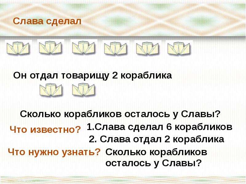 Сделай 6 2. Слава сделал 5 корабликов. Слава сделал 5 корабликов 2 отдал товарищу. Он отдал товарищу 2 кораблика сколько корабликов осталось у славы. Что сделал Слава.