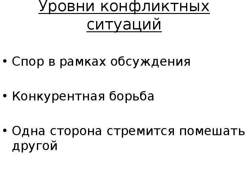 Уровни конфликтной ситуации. Уровень конфликтности. Уровень конкурентной борьбы.