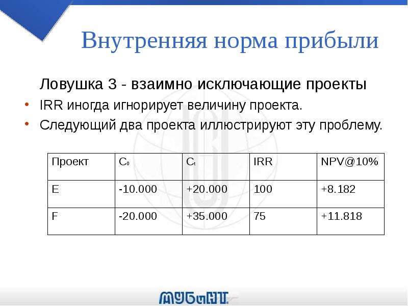 Какому инвестиционному проекту будет отдано предпочтение у которого npv