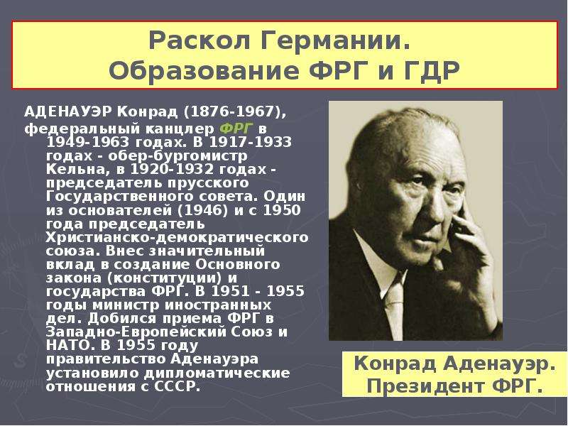 Образование гдр кратко. Конрад Аденауэр в ФРГ И ГДР. Конрад Аденауэр (1876—1967). Конрад Аденауэр внутренняя политика кратко. Конрад Аденауэр политика кратко.