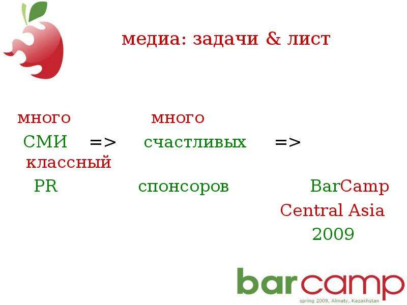 


медиа: задачи & лист
 много               много
  СМИ    =>     счастливых     =>     классный
    PR               спонсоров               BarCamp 
                                                  Central Asia 
                                                        2009
                              
