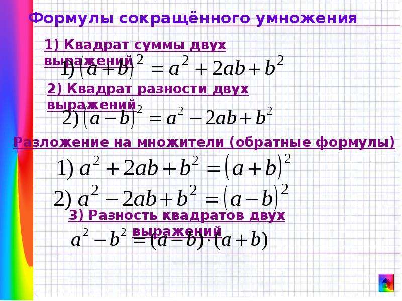 7 формул квадратов. Квадратные уравнения формулы сокращенного умножения. Формулы сокращенного умножения с 3 переменными. А2+в2 формула сокращенного умножения. Формула сокращённого умножения разность квадратов.