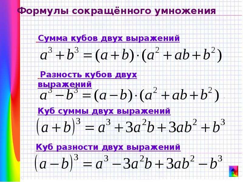 Куб суммы и куб разности. Формула сокращённого умножения сумма кубов. Кубическая формула сокращенного умножения. Формулы сокращенного умножения Кубы. Формулы суммы и разности кубов двух выражений.