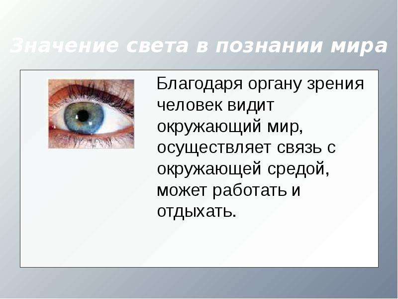 Значение зрения. Прямолинейное распространение света. Значение зрения в жизни человека. Значение света для человека.