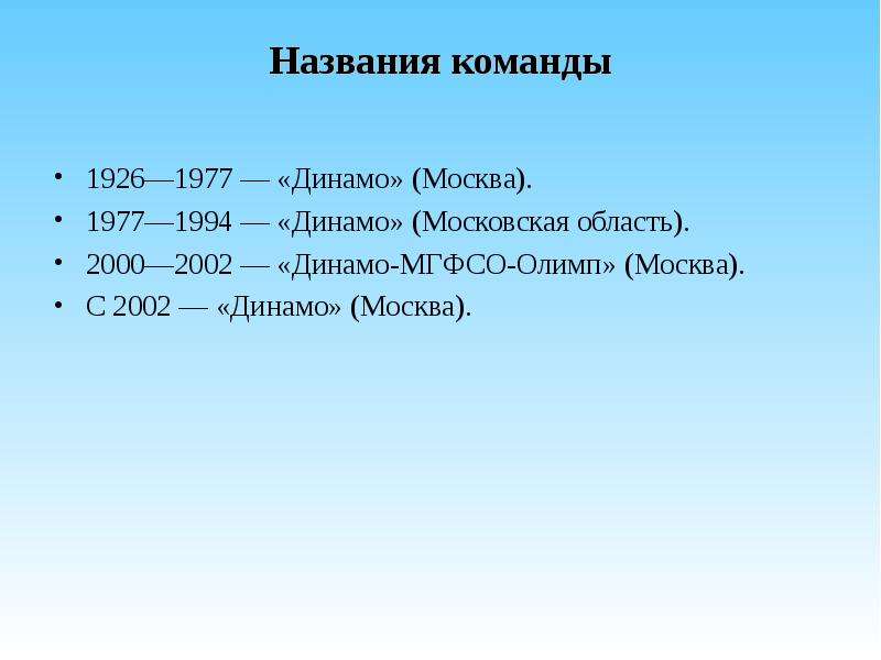Названия команды 1926—1977 — «Динамо» (Москва). 1977—1994 — «Динамо» (Московская область). 2000—2002