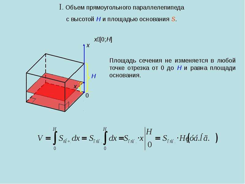 Площадь сечения через площадь основания. Объем параллелепипеда через интеграл. Вычисление объёмов пространственных тел с помощью интеграла. Площадь сечения параллелепипеда. Площадь сечения прямоугольного параллелепипеда.