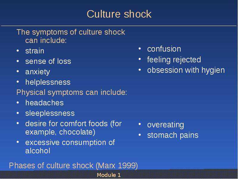 Culture shock The symptoms of culture shock can include:strain sense of los...