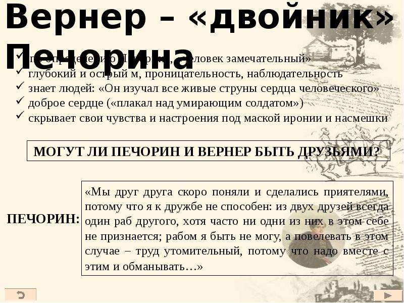 Характер вернера герой нашего времени. Вернер приятель и двойник Печорина. Печорин и Вернер. Вернер двойник Печорина. Печорин и Вернер сходства и различия.