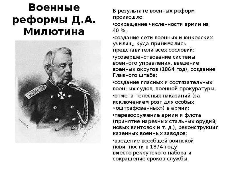 Ведение всеобщей воинской повинности. Военная реформа Милютина. Военные реформы д. н. Милютина. Д А Милютин при Александре 2. Военная реформа Александра 2 Милютина.